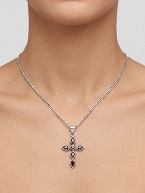 Sterling Silver Red Garnet Cross‎ pendant Chain